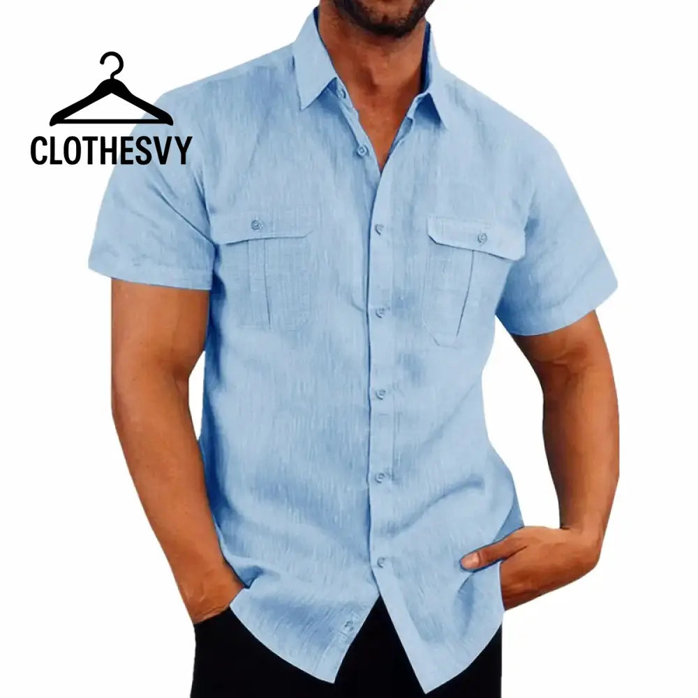Clothesvy Men Cotton Linen Shirt Summer BLUE / M Clothing