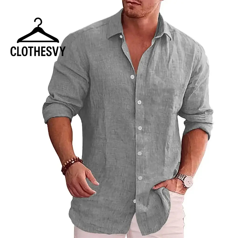 Clothesvy Men Long Sleeve Cotton Linen Shirt Plus Size Gray / S Clothing