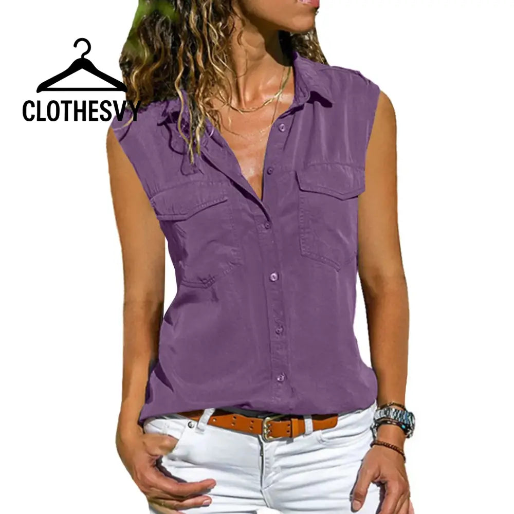 Clothesvy Women Sleeveless Lapel Blouse Summer Purple / S Clothing