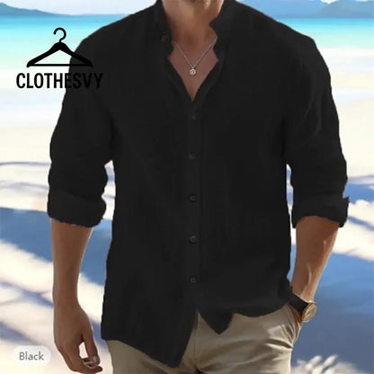 Clothesvy Casual Cotton Linen Shirt Men Summer black / S Clothing