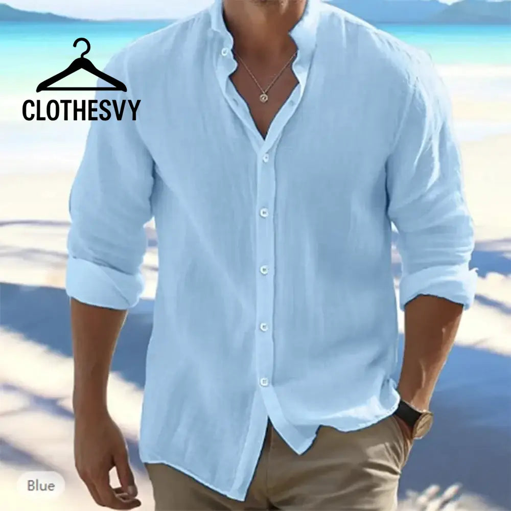 Clothesvy Casual Cotton Linen Shirt Men Summer blue / S Clothing