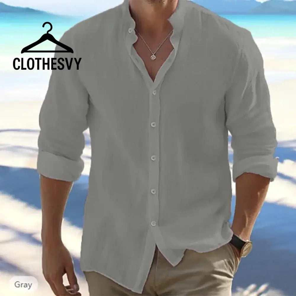 Clothesvy Casual Cotton Linen Shirt Men Summer gray / S Clothing