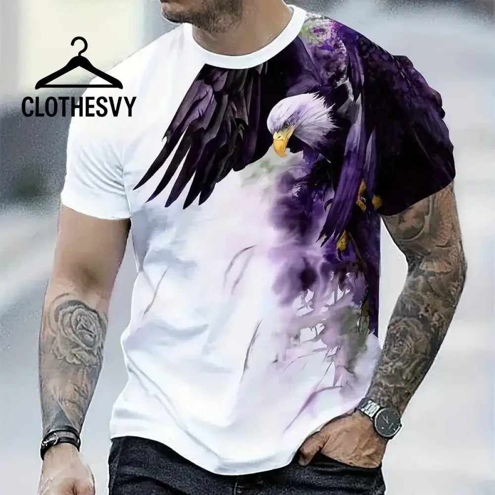 Clothesvy Men 3D Eagle Print T Shirt Oversized Streetwear Purple / S Clothing