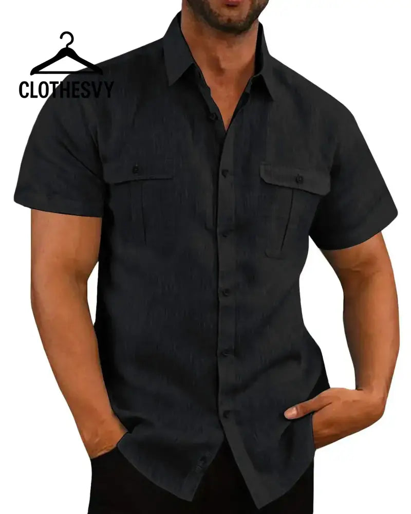 Clothesvy Men Cotton Linen Shirt Summer BLACK / M Clothing
