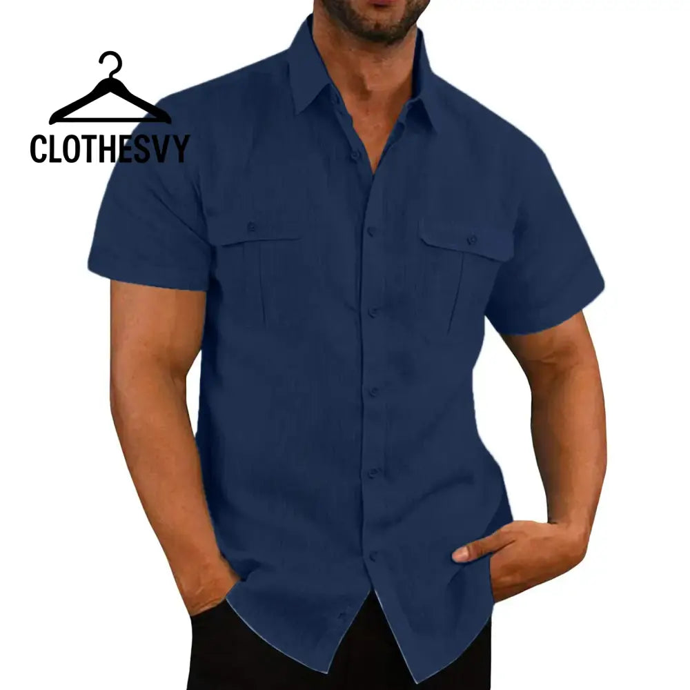 Clothesvy Men Cotton Linen Shirt Summer BLUE NAVY / M Clothing