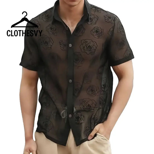 Clothesvy Men Floral Mesh Shirt Sheer Summer Top Black / S Clothing