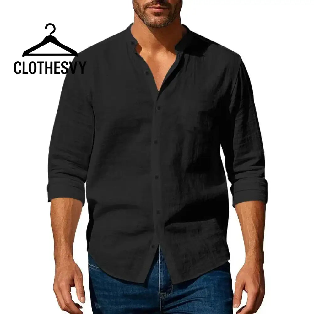 Clothesvy Men Henley Linen Shirt and Slim Fit Long Sleeve black / S Clothing
