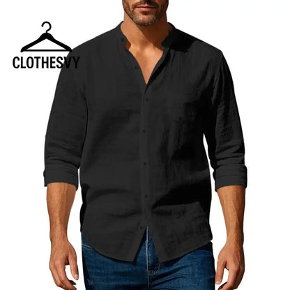 Clothesvy Men Henley Linen Shirt and Slim Fit Long Sleeve black / S Clothing