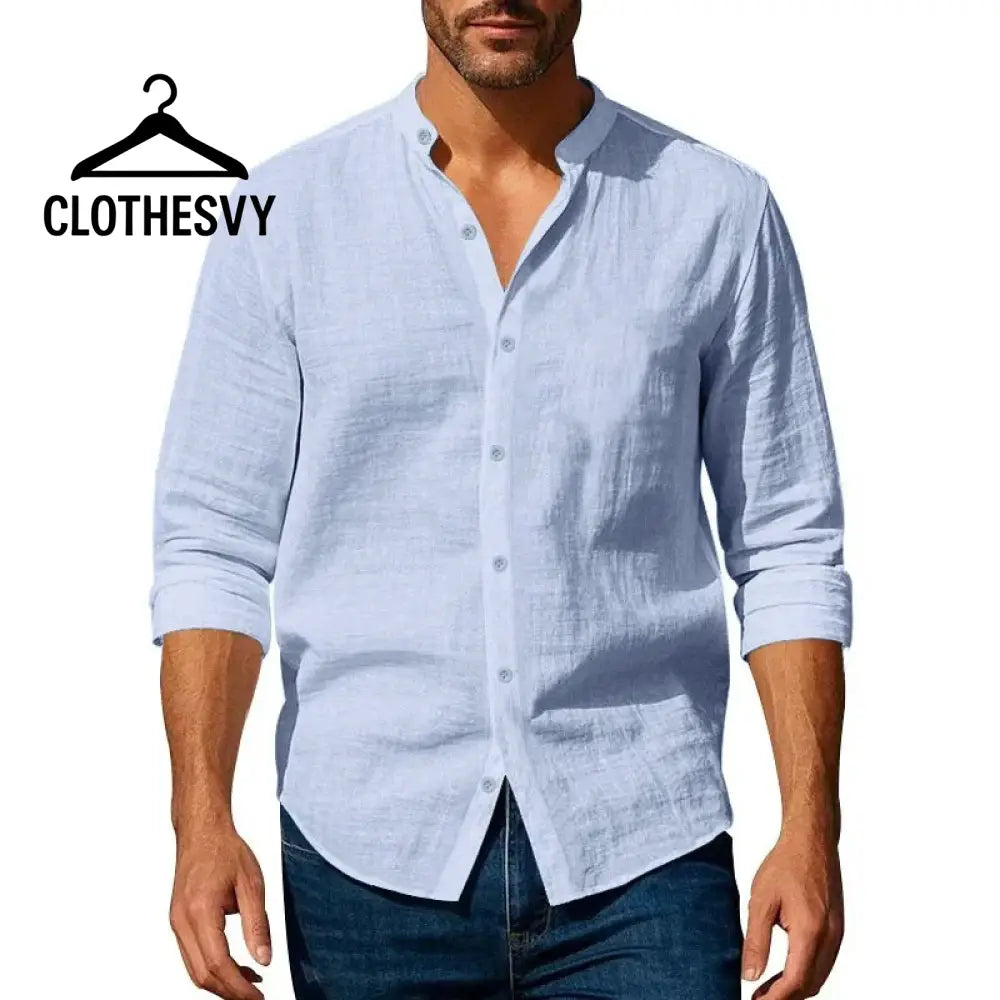 Clothesvy Men Henley Linen Shirt and Slim Fit Long Sleeve blue / S Clothing