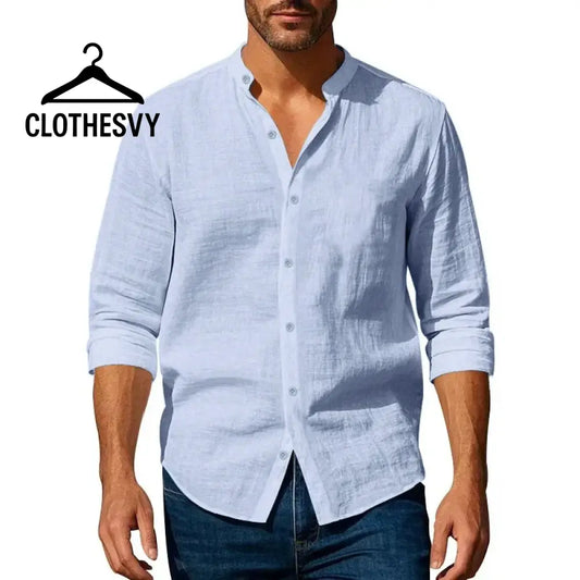 Clothesvy Men Henley Linen Shirt and Slim Fit Long Sleeve blue / S Clothing