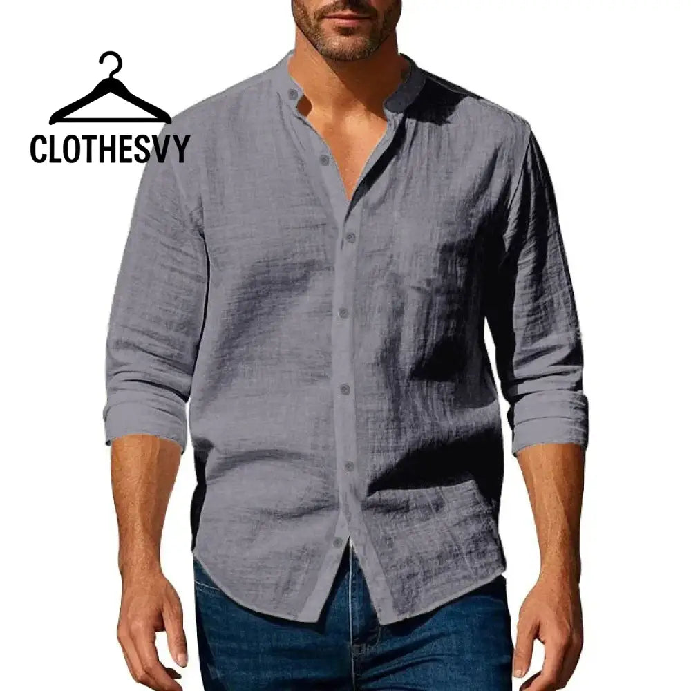 Clothesvy Men Henley Linen Shirt and Slim Fit Long Sleeve gray / S Clothing