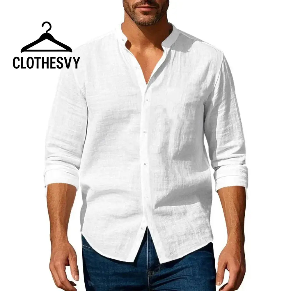 Clothesvy Men Henley Linen Shirt and Slim Fit Long Sleeve white / S Clothing