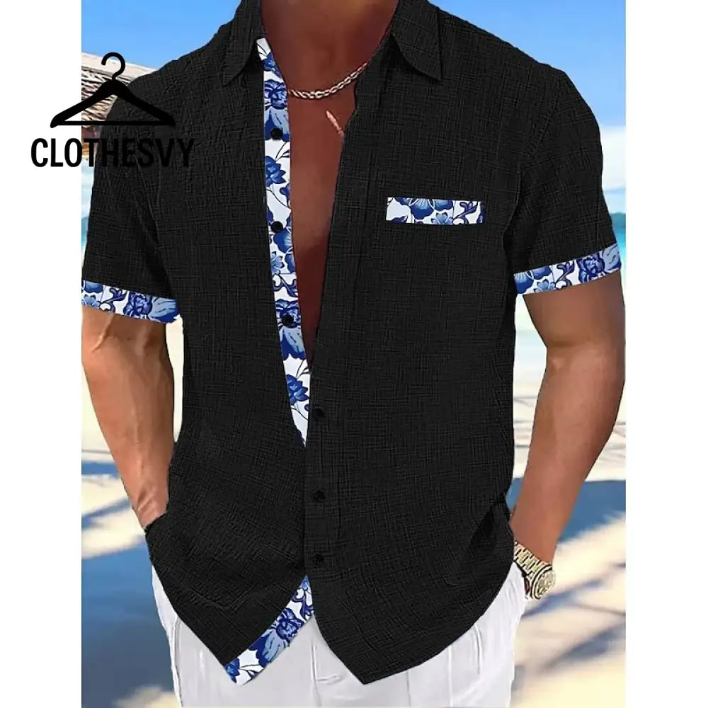 Clothesvy Men Linen Button Up Shirt Summer Beachwear Black / S Clothing