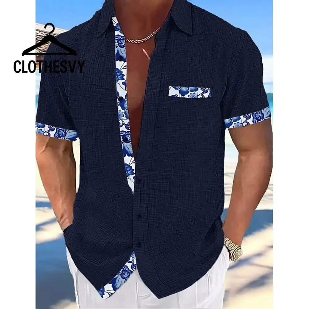 Clothesvy Men Linen Button Up Shirt Summer Beachwear Blue / S Clothing
