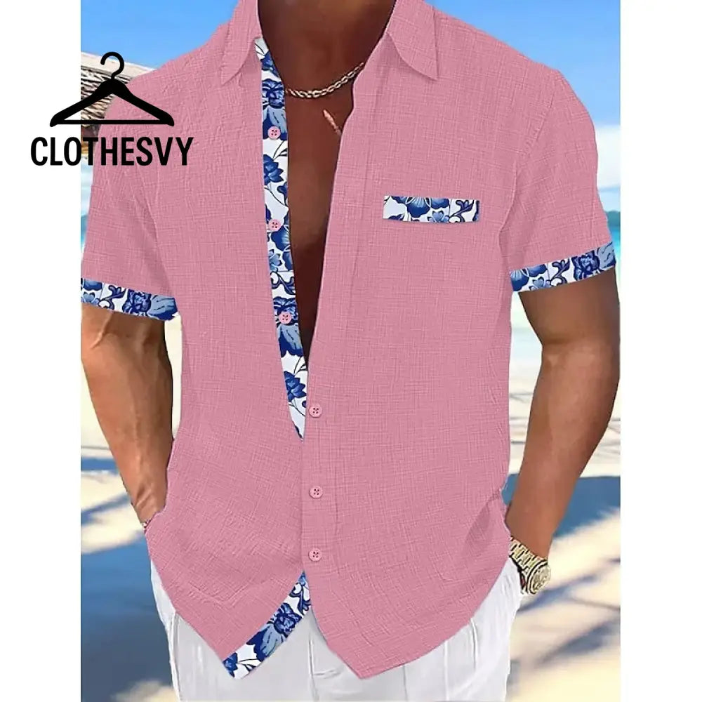 Clothesvy Men Linen Button Up Shirt Summer Beachwear Pink / S Clothing