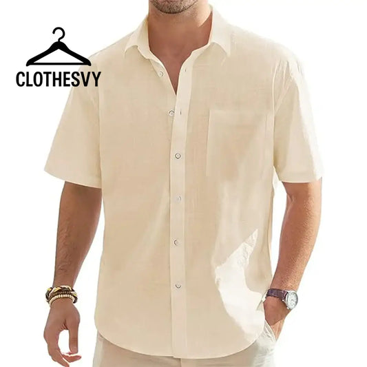 Clothesvy Men Linen Short Sleeve Shirt Beach Casual beige / S Clothing