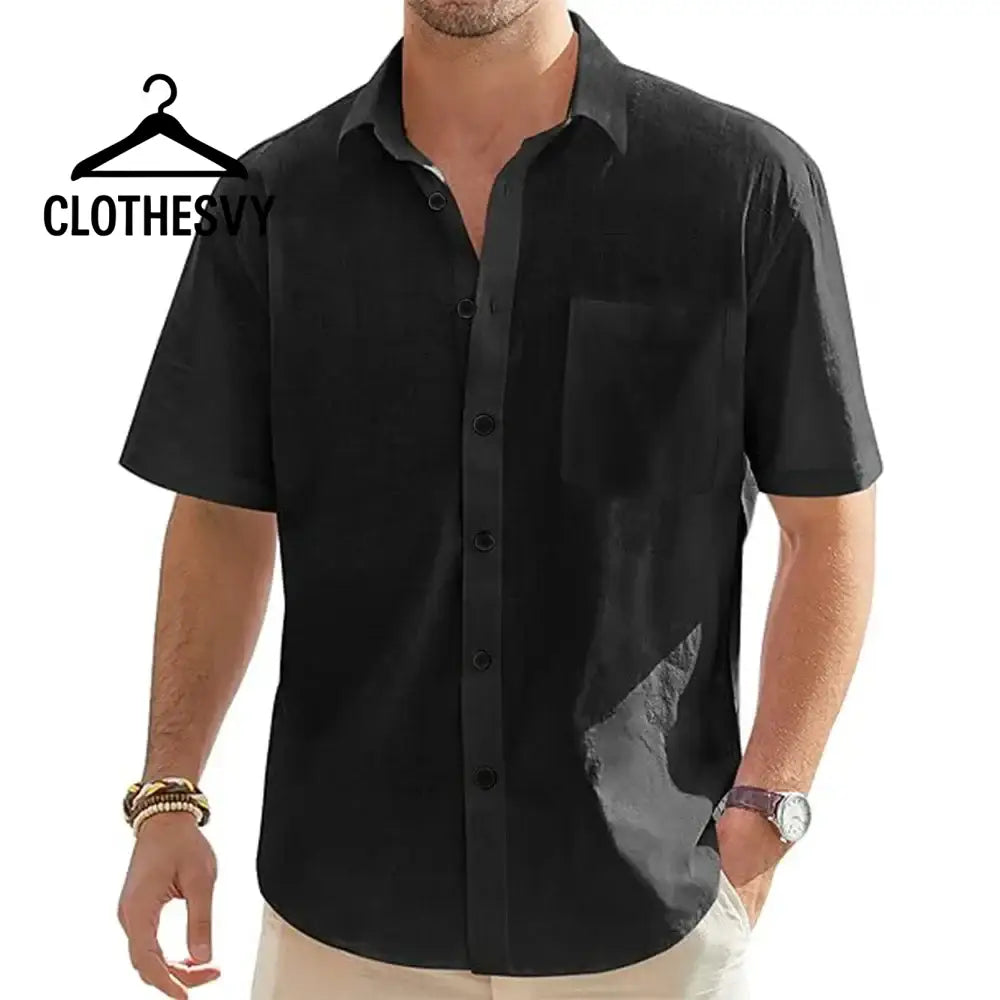 Clothesvy Men Linen Short Sleeve Shirt Beach Casual black / S Clothing