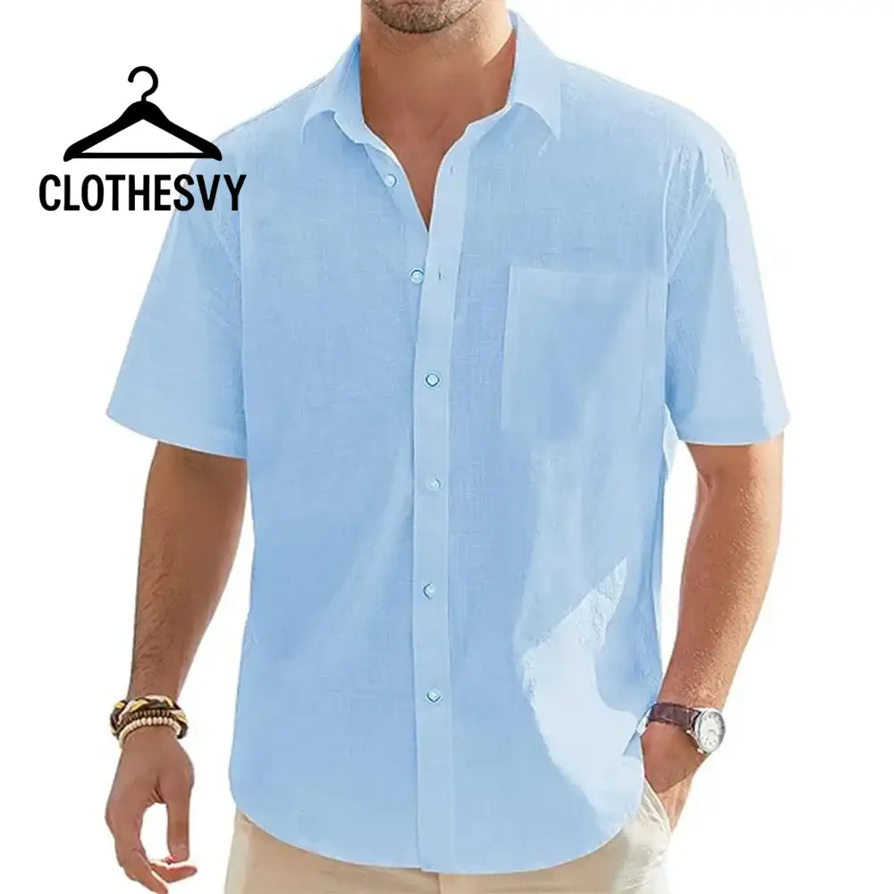 Clothesvy Men Linen Short Sleeve Shirt Beach Casual blue / S Clothing