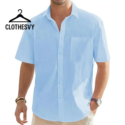 Clothesvy Men Linen Short Sleeve Shirt Beach Casual blue / S Clothing