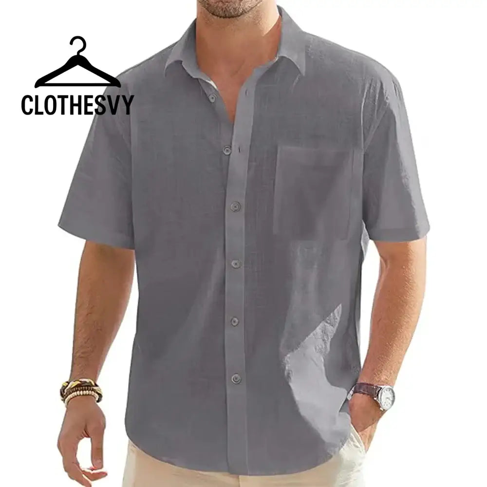 Clothesvy Men Linen Short Sleeve Shirt Beach Casual gray / S Clothing