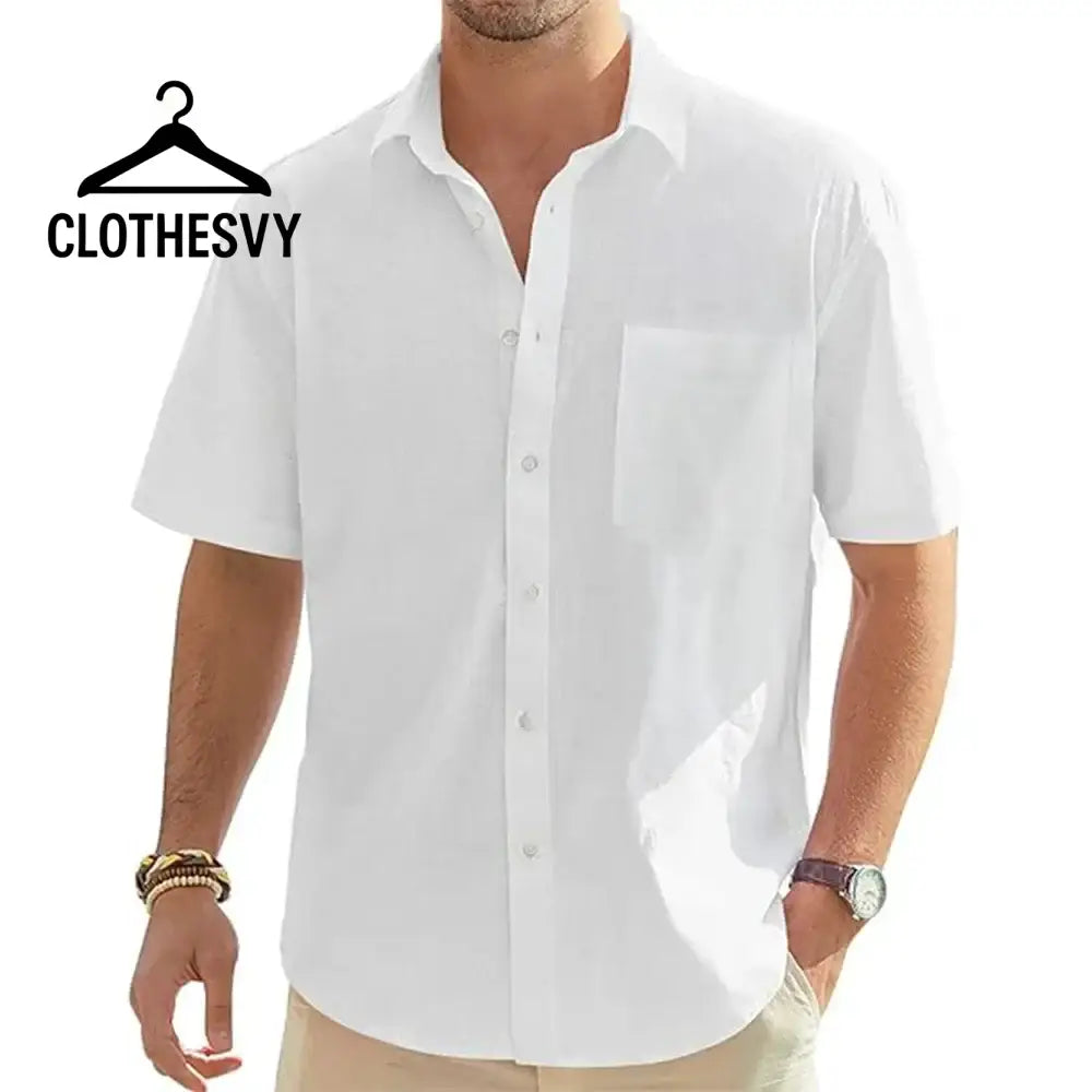 Clothesvy Men Linen Short Sleeve Shirt Beach Casual white / S Clothing