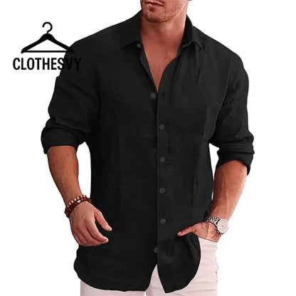 Clothesvy Men Long Sleeve Cotton Linen Shirt Plus Size Black / S Clothing