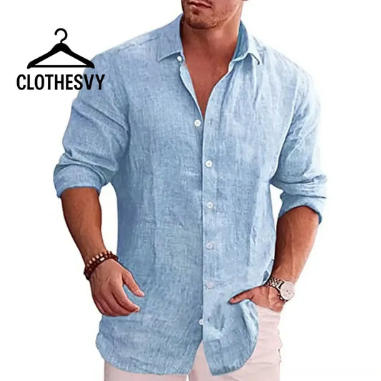 Clothesvy Men Long Sleeve Cotton Linen Shirt Plus Size blue sky / S Clothing