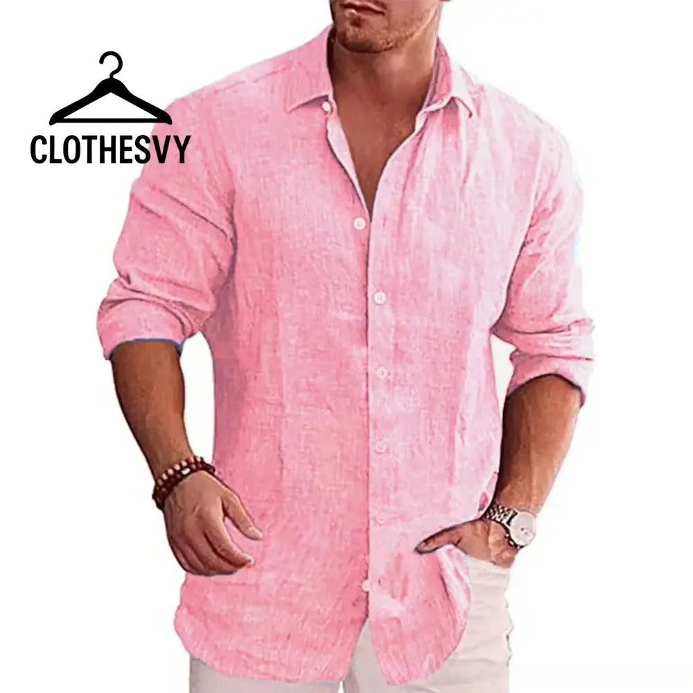 Clothesvy Men Long Sleeve Cotton Linen Shirt Plus Size Pink / S Clothing
