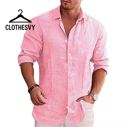 Clothesvy Men Long Sleeve Cotton Linen Shirt Plus Size Pink / S Clothing