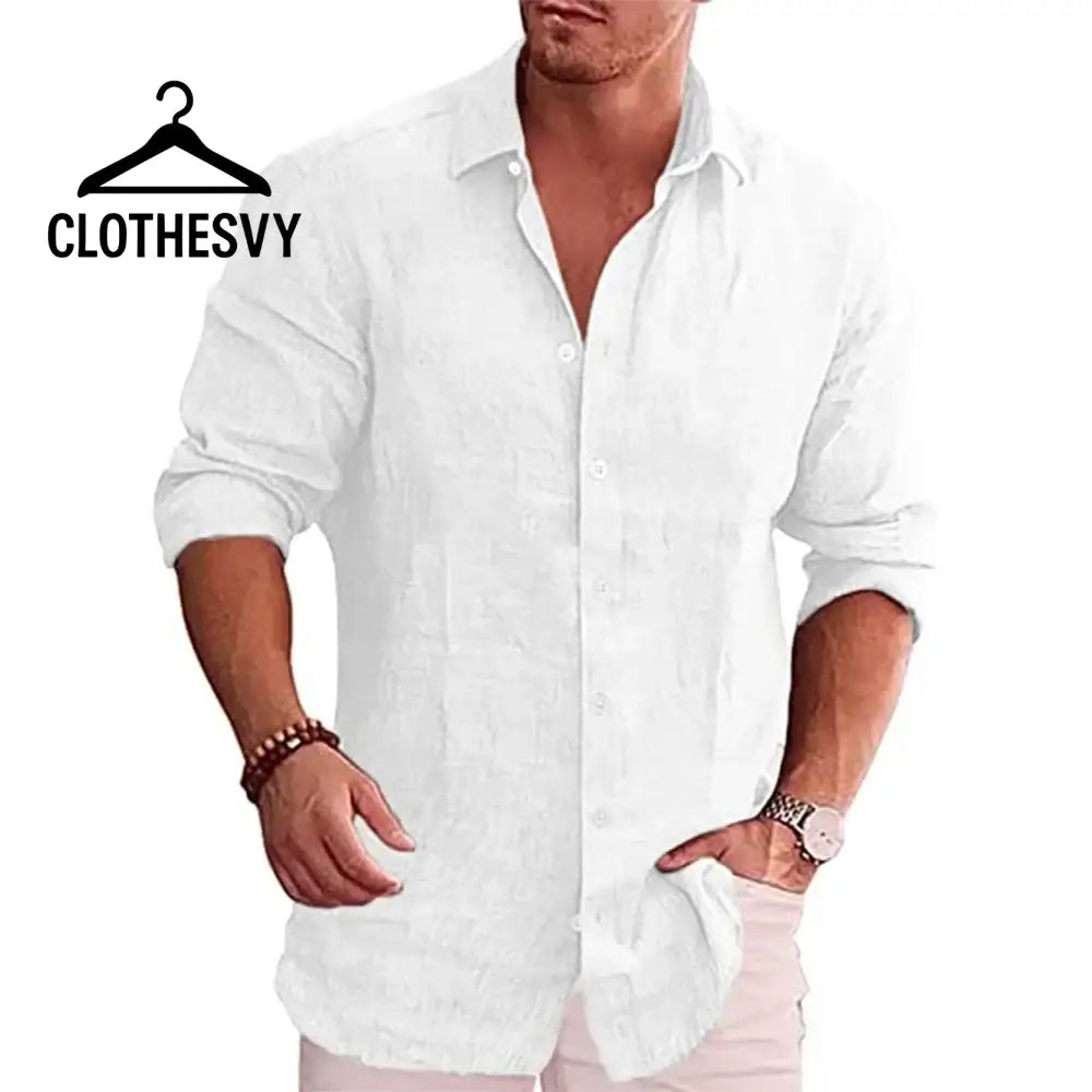 Clothesvy Men Long Sleeve Cotton Linen Shirt Plus Size White / S Clothing