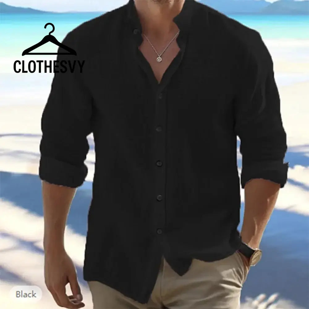 Clothesvy Men Long Sleeve Linen Shirt Summer Casual black / S Clothing
