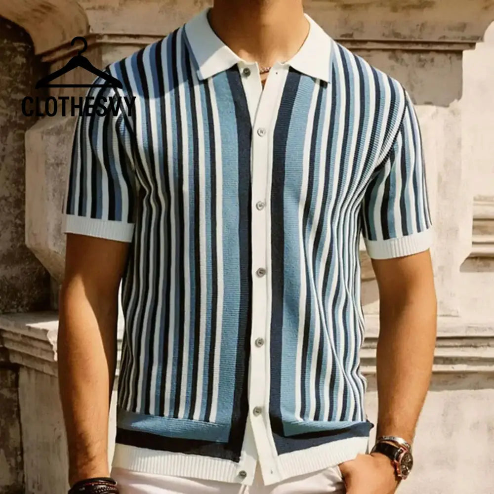 Clothesvy Men Luxury Knit Polo Striped Summer Shirt Blue / S Clothing