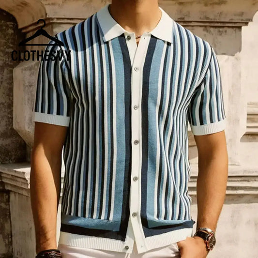 Clothesvy Men Luxury Knit Polo Striped Summer Shirt Blue / S Clothing