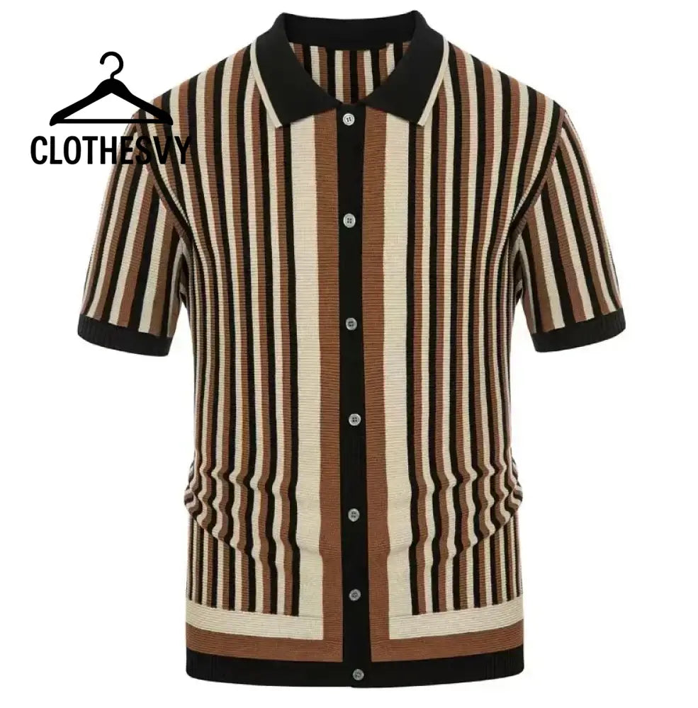 Clothesvy Men Luxury Knit Polo Striped Summer Shirt Brown / S Clothing