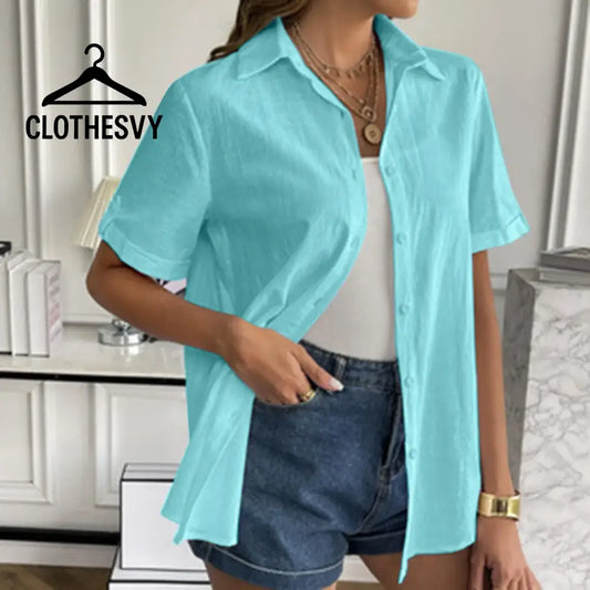 Clothesvy Women Cotton Button Down Shirt Casual Short Sleeve Blouse Sky Blue / S
