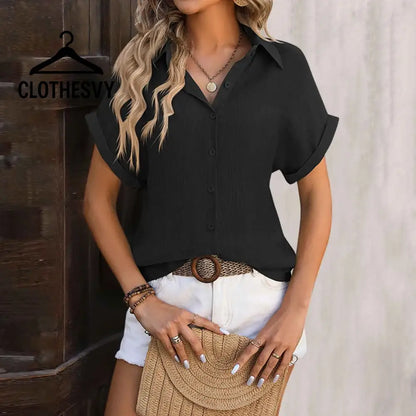 Clothesvy Women Oversized Cotton Shirt Vintage Long Sleeve Blouse Black / S