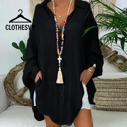 Clothesvy Women Oversized Cotton Shirt Vintage Long Sleeve Blouse Black / S Clothing