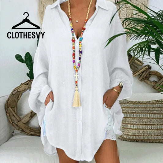 Clothesvy Women Oversized Cotton Shirt Vintage Long Sleeve Blouse Clothing