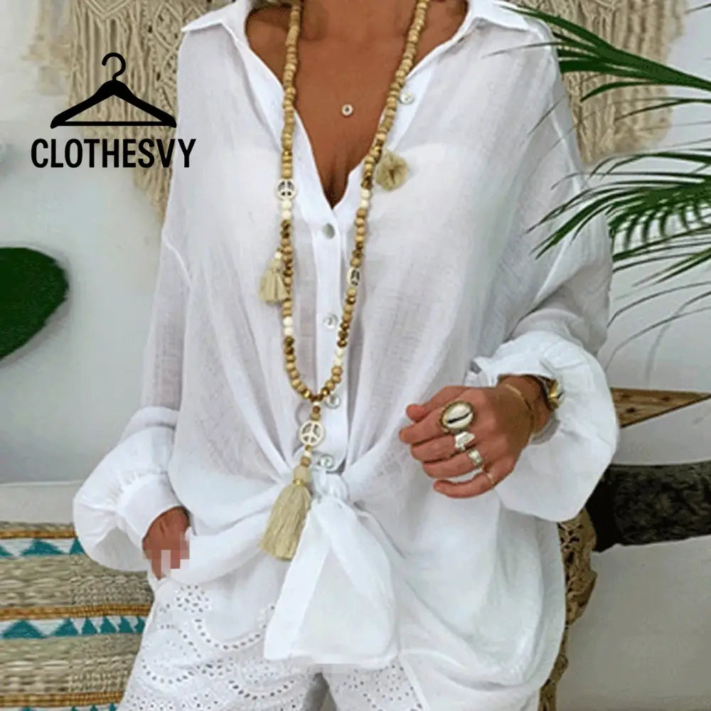 Clothesvy Women Oversized Cotton Shirt Vintage Long Sleeve Blouse White / S Clothing