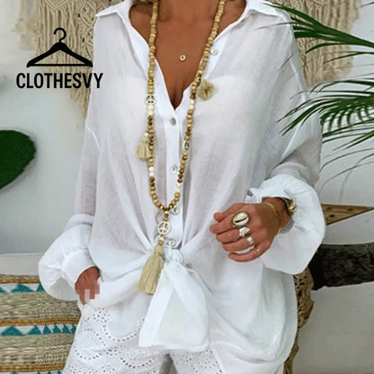 Clothesvy Women Oversized Cotton Shirt Vintage Long Sleeve Blouse White / S Clothing