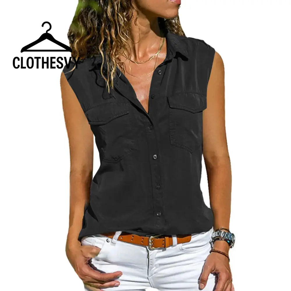 Clothesvy Women Sleeveless Lapel Blouse Summer Clothing