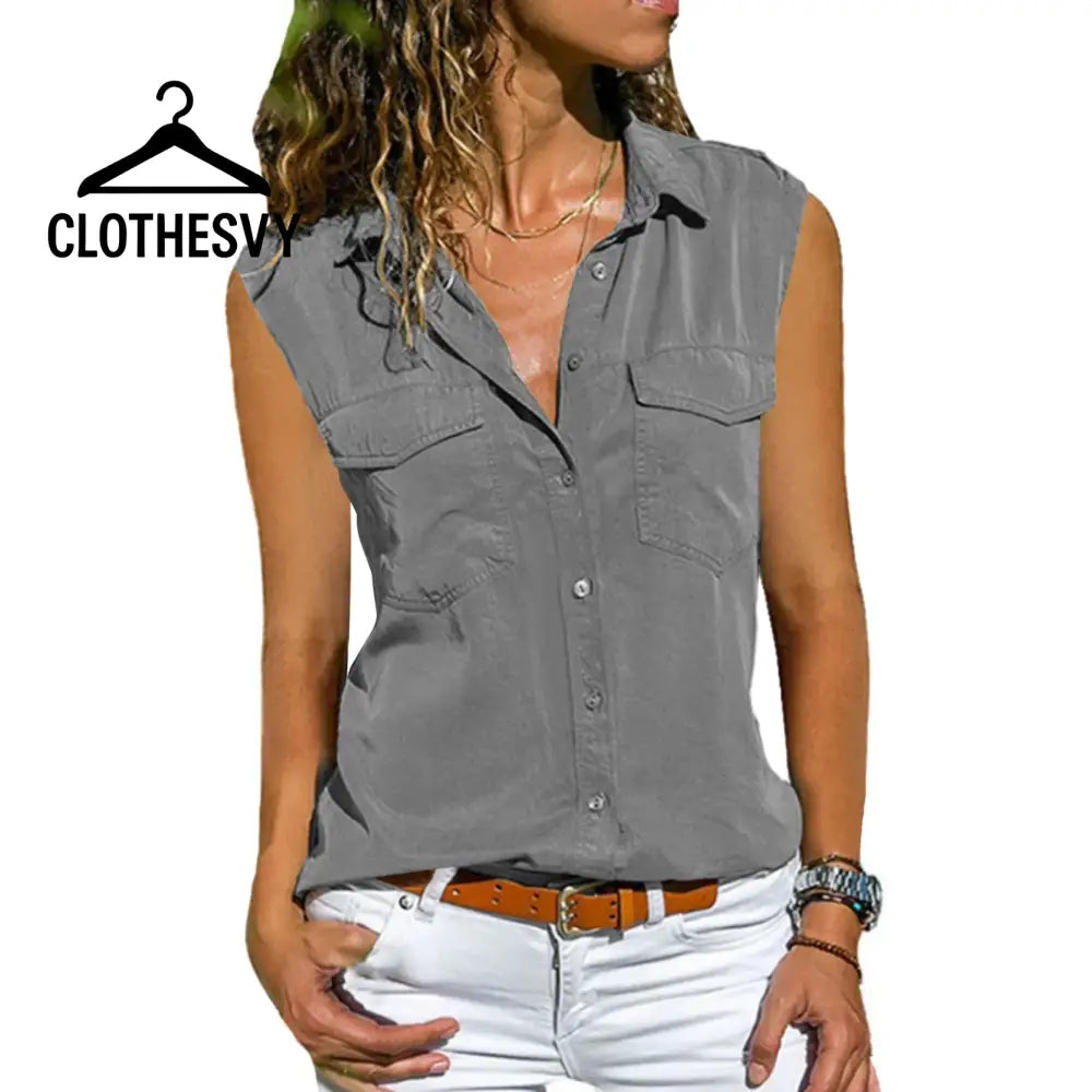 Clothesvy Women Sleeveless Lapel Blouse Summer Gray / M Clothing