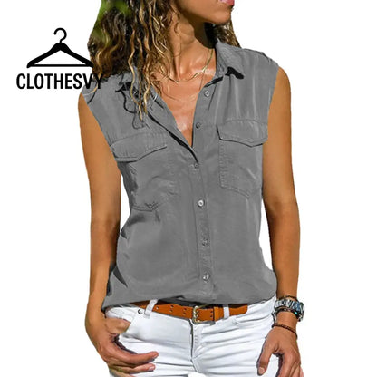 Clothesvy Women Sleeveless Lapel Blouse Summer Gray / M Clothing
