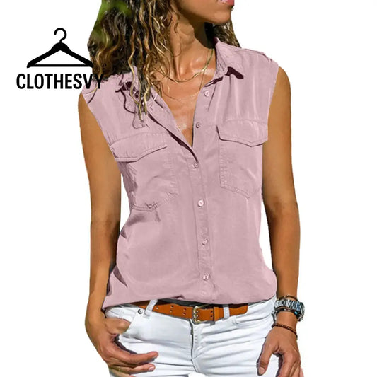 Clothesvy Women Sleeveless Lapel Blouse Summer Pink / S Clothing