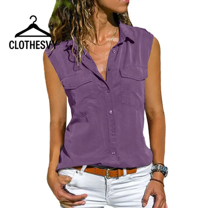 Clothesvy Women Sleeveless Lapel Blouse Summer Purple / S Clothing