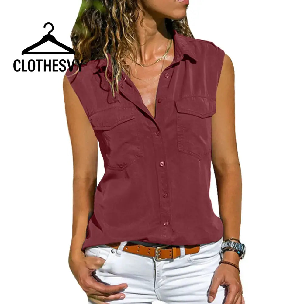Clothesvy Women Sleeveless Lapel Blouse Summer Red / S Clothing