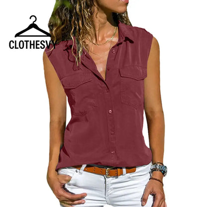 Clothesvy Women Sleeveless Lapel Blouse Summer Red / S Clothing