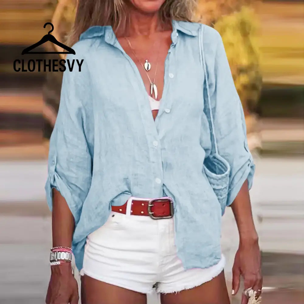 Clothesvy Women Vintage Cotton Linen Blouse Oversized Blue / S Clothing