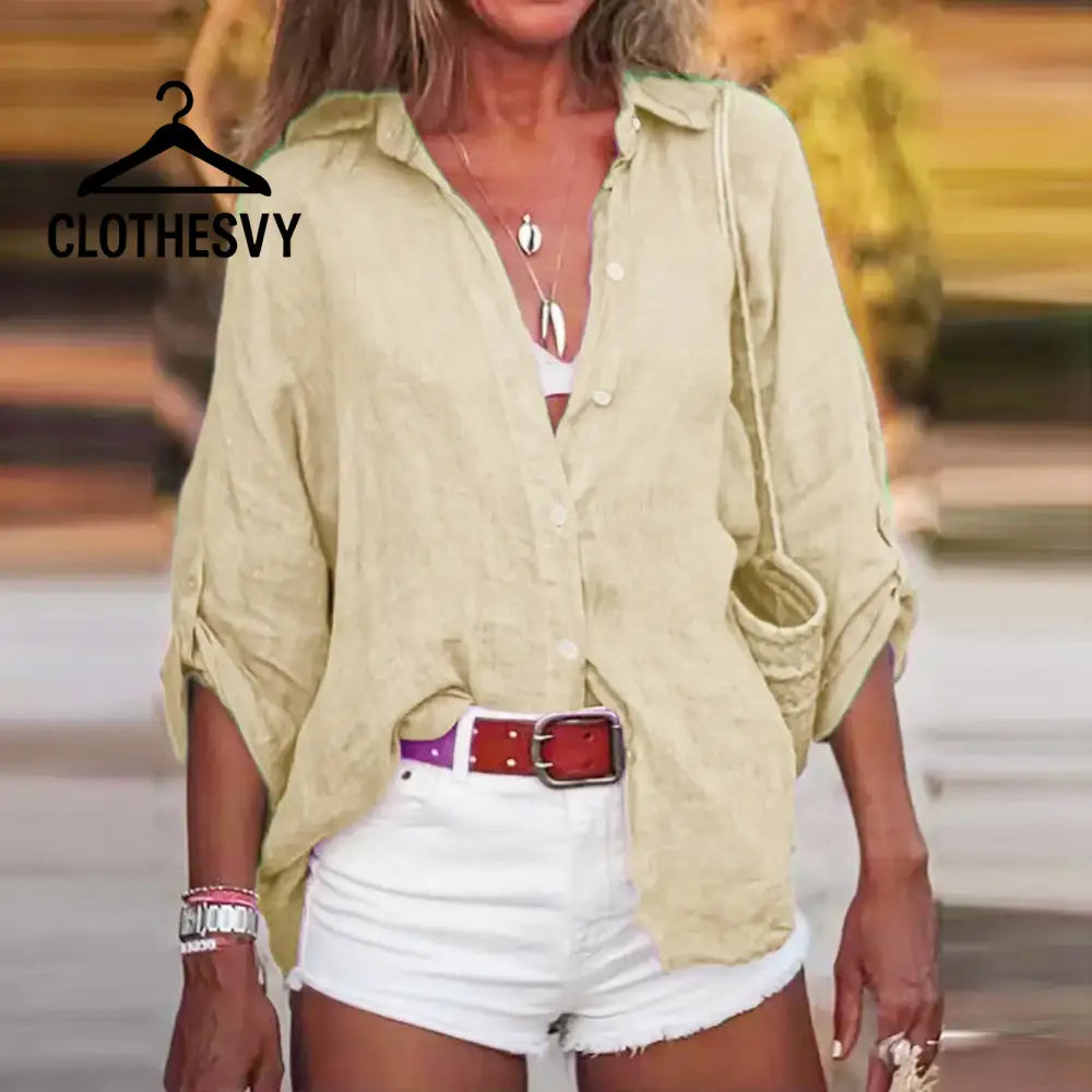 Clothesvy Women Vintage Cotton Linen Blouse Oversized Clothing
