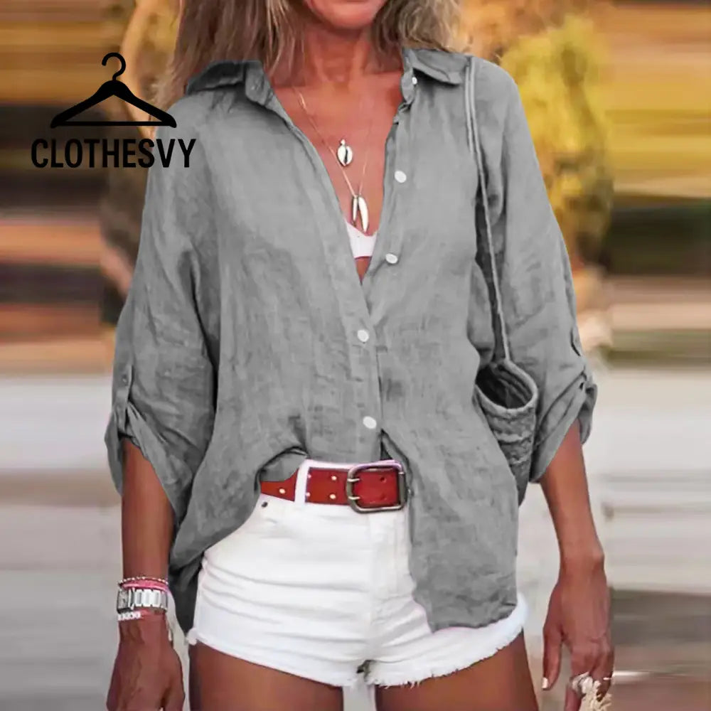 Clothesvy Women Vintage Cotton Linen Blouse Oversized Gray / S Clothing